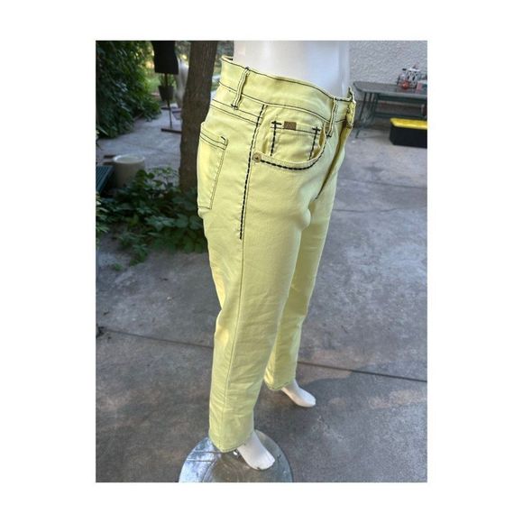 Y2K Diane Gilman DG2 Yellow Stretch Denim Jeans Black Contrast Stitch High Waist - Picture 7 of 9